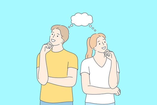 Positive thinking, couple in thoughts, cheerful people concept. Young smiling couple cartoon characters looking aside, touching chin and thinking together vector illustration