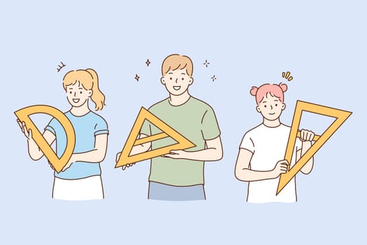 Learning geometry and school lifestyle concept. Happy children pupils cartoon characters holding triangle and ruler in hands ready for class or lesson vector illustration