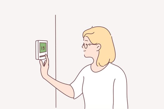 Central heating, air conditioning concept. Portrait of smiling blonde woman cartoon character standing and fixing temperature of Central Heating at home to in office vector illustration