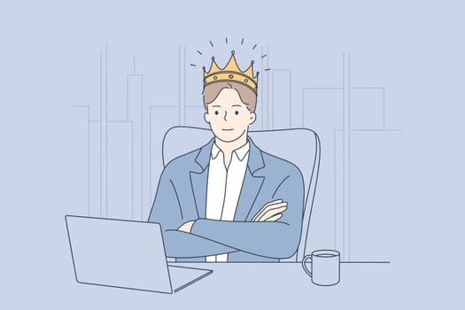 Big boss, confident businessman, director concept. Young businessman ceo in golden crown head sitting in office at laptop and feeling successful employer illustration