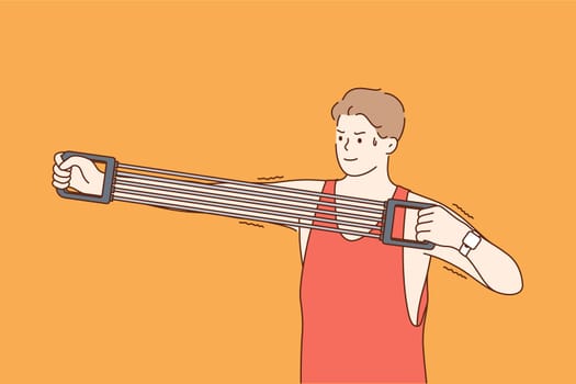 Expander in sport and training concept. Sportsman athlete cartoon character stretching expander and doing exercise workout with expander during sports program vector illustration