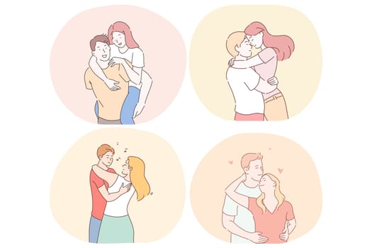 Romance, love, dating, relationship, togetherness concept. Happy young loving couples dating, hugging, loving and enjoying time together during meetings vector illustration