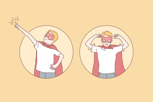 Boy, superhero, goal achievement, dream set concept. Little boy plays and wears superheros mask and cape . Happy kid imagines himself like superhero, rescuing people, saving world. Simple flat vector