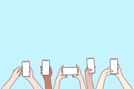 Smartphone screen, online communication, chatting concept. Human hands using smartphones, chatting, making photo, surfing in social media, sharing posts vector illustration