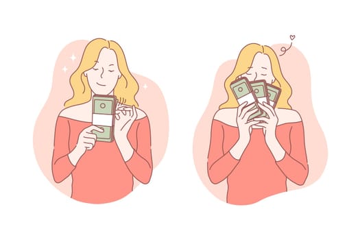 Business, success, moneymaker, profit set concept. Young successful businesswoman made good deal and enjoys big profit. Young girl is real moneymaker and knows a lot about business. Simple flat vector