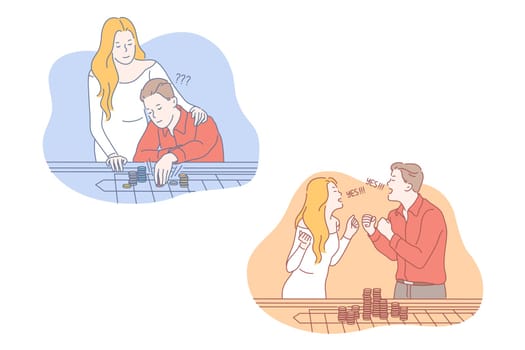 Couple, gambling, teamwork, success set concept. Young couple gamble at casino to earn big money. Venturous man and woman played roulette and were succesful. Teamwork in gambling. Simple flat vector