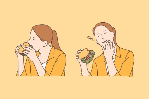 Fastfood, addiction, nutrition set concept. Young happy woman enjoys hamburger and addicted to fastfood. Girl loves unhealthy nutrition. Fastfood often causes problems with health. Simple flat vector