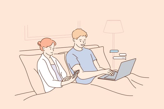 Technologies, addiction to internet, relaxing with gadgets at home concept. Young positive couple cartoon characters staying in bed and using their mobile electronic devices laptop smartphone together