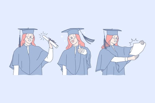 Education, graduation, success set concept. Young successful girl has just finished her education process and has got diploma. Graduation from univercity is exciting moment in life. Simple flat vector