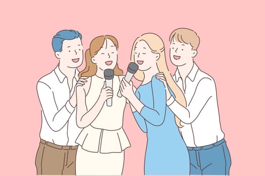 Youth lifestyle, entertainment and holiday celebration party, friendship concept. Happy friends, couples spending time together, girls and guys singing karaoke, have fun. Simple flat vector
