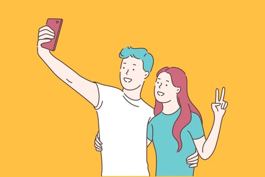 Youth lifestyle, blogging and teenage social activity concept. Couple taking selfie together, teenager making self portrait, happy boyfriend and girlfriend spending time together. Simple flat vector