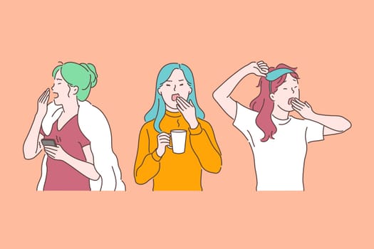Drowsiness, morning fatigue and chronic exhaustion, feeling tired, burnout signs concept. Yawning drowsy young women with tiredness and overload, depression symptom. Simple flat vector