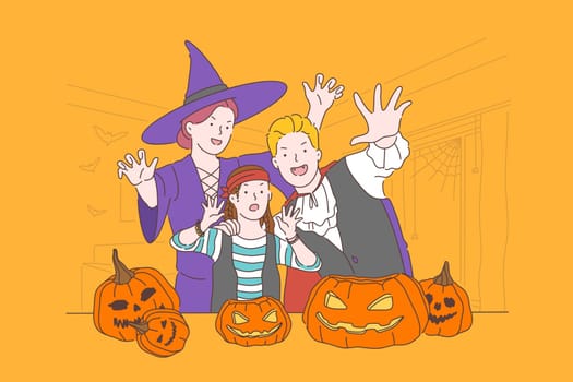 Halloween party concept. Happy family, mother, father and child in costumes on a celebration of Halloween. Simple flat vector.