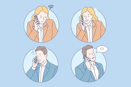 Communication, negotiation, good news, bad news set concept. Young business man got good news. Young businesswoman got bad news. Boy and girl communicate, negotiate with each other. Simple flat vector
