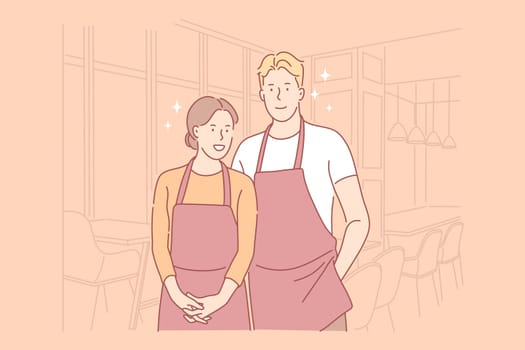 Catering workers concept. Waiter and waitress wearing uniform with aprons, preparing banquets, serving food in restaurant, cafe, cafeteria, profession, occupation, job. Simple flat vector