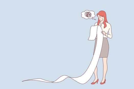 Payment, giant bill and costs, frustration on work concept. Sad young business woman holding big task list, paper document, shopping bill, tax invoice and feeling stressed about price or amount