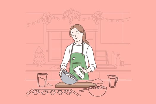 Christmas celebration preparation, waiting winter holidays and New Year mood concept. Housewife baking gingerbreads, woman cooking traditional Xmas cookies recipe. Simple flat vector