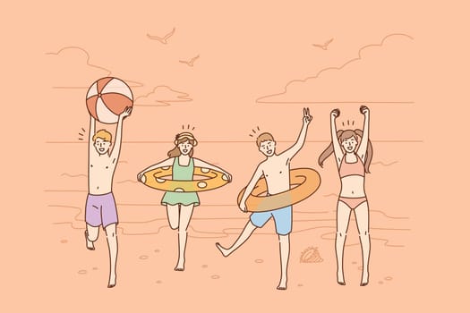 Summer vacations and activities concept. Group of happy children friends cartoon characters jumping on beach wearing swimsuits feeling excited vector illustration