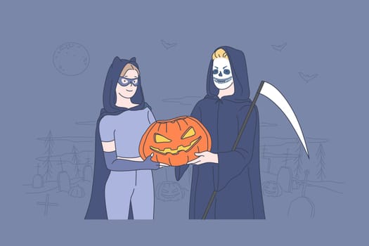 Halloween holiday celebration concept. Wonderful boy and girl in halloween costumes. Young couple in love holds pumpkin in their hands in cemetery. Simple flat vector.