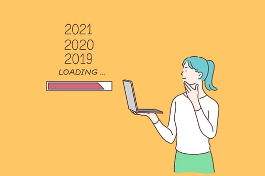 2020 New Year waiting, 2019 loading bar, planning for future, time flow concept. Girl holding laptop in hands and thinking, woman analyzing last year, preparing for winter holiday. Simple flat vector