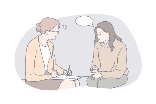 Psychology, communication, depression, speech bubble, therapy concept. Woman is depressed, communicates with psychologist. Communication in speech bubble. Therapist helps patient. Simple flat vector