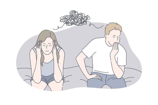 Relationship, family, problem, stress concept. Young upset stressful girlfriend and boyfriend have problem in their family. Problems in relationship may cause raise of stress level. Simple flat vector