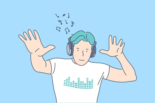 Music, dj, disco concept. Young man dj is making party and having rest in night club. Cheerful guy is dancing at disco, putting hands up. Happy boy is moving with music joyfully. Simple flat vector