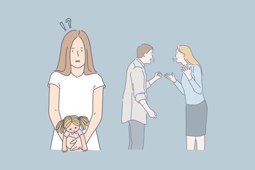 Family, quarrel, stress, conflict concept. Frightened child gets stress while mother and father are quarelling. Husband and wife have conflict. Family problems affect children. Simple flat vector