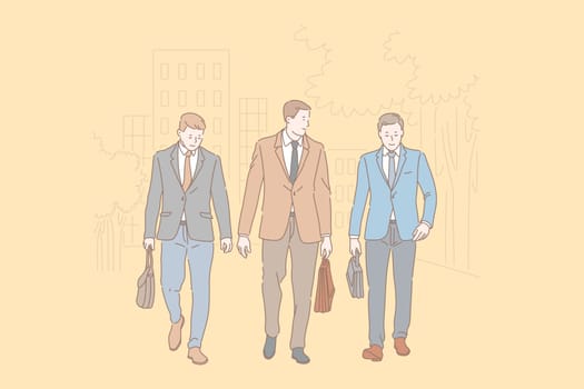 Company staff friendship and cooperation concept. Informal meeting, team cohesion, businessmen, colleagues going to work together, communicating and discussing business. Simple flat vector