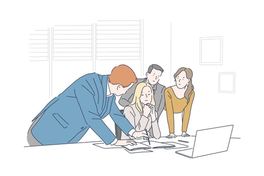 Business meeting, brainstorming concept. Partners discussing project in conference room, office workers presenting report, start up planning, employee cooperation, teamwork. Simple flat vector