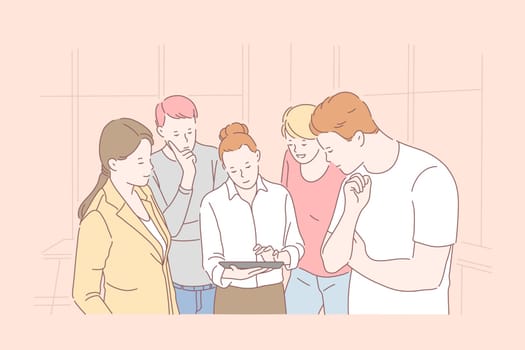 Firm staff cooperation, productive teamwork, concept. Personnel meeting and brainstorming, manager and office workers solving problem together, discussing business questions. Simple flat vector