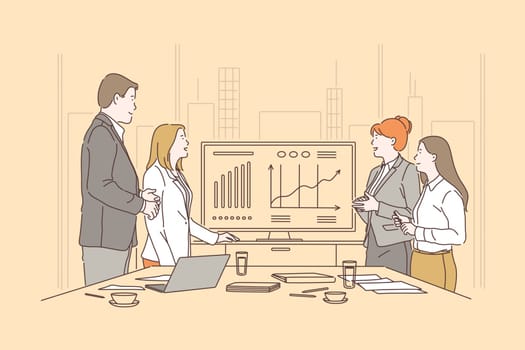 Teamwork, brainstorming meeting concept. Business presentation in conference room, office workers presenting financial statement, partners discussing project, workflow process. Simple flat vector