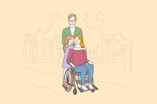 Disabled people care, love concept. Disabled woman with family in park, happy mother in wheelchair, wife walking with husband and daughter, smiling kid hugging handicapped mom. Simple flat vector