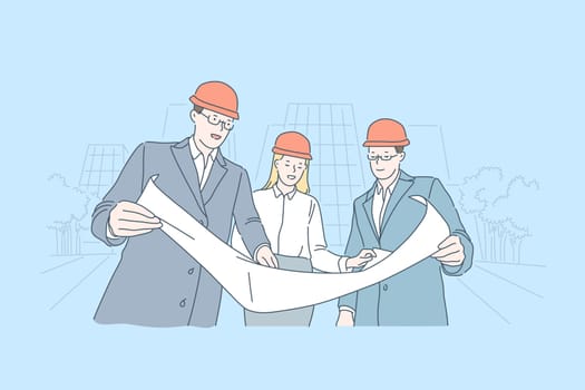 Industrial business, building construction draft checking concept. Plant performance improvement, architect teamwork, partnership, businesspeople making plan together. Simple flat vector
