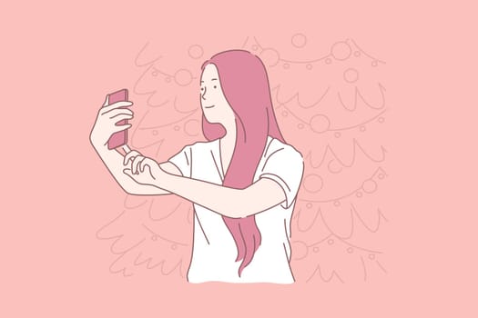 New Year selfie, woman taking pictures concept. Photographing with Christmas tree, profile picture for social networks, happy blogger, sharing photos, using smartphone. Simple flat vector
