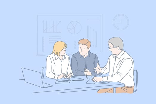 Office meeting, business session, cooperation, teamwork concept. Planning work together, businesspeople, colleagues discussing question, coworkers making common decision. Simple flat vector