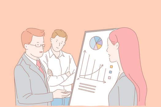 Analytics department meeting, company staff cooperation concept. Teamwork, firm development ways search, colleagues studying statistics, making business plan together. Simple flat vector