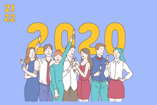 New Year corporate party concept. Happy colleagues, friends celebrating winter holiday, positive business team with champagne, merry Christmas, traditional december event. Simple flat vector