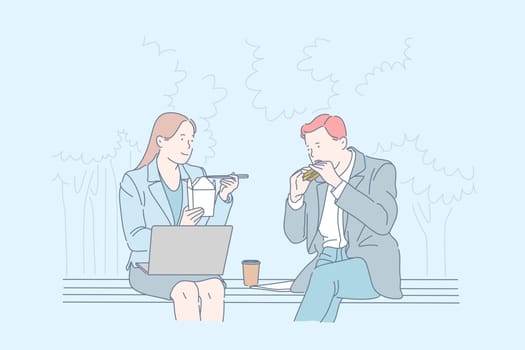 Busy employees meal time concept. Colleagues having meal together, office workers at lunch break, quick snack, co-workers eating fast food, working with computer at lunch time. Simple flat vector