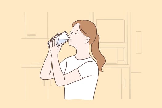 Healthy lifestyle, healthcare, diet concept. Young woman drinking thirst quenching. Thirsty girl holding glass with refreshment drink, teenager staying hydrated after training. Simple flat vector