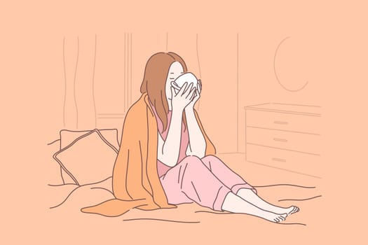 Illness, home treatment, sick leave concept. Young girl with warm teacup, coffee cup, wrapping up in blanket, sick woman in bed, drinking remedy, taking medication. Simple flat vector
