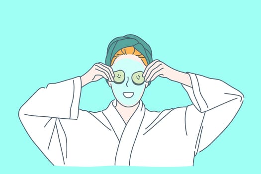 Skincare, face mask, anti-aging care concept. Skin problem solving, beauty, relax, cosmetology procedure, young woman using natural cosmetic product, eco face cream. Simple flat vector