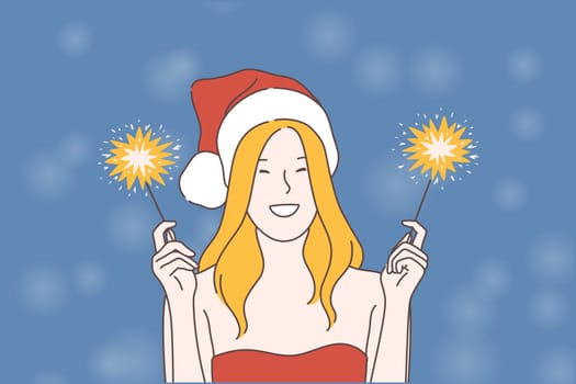 New Year celebration, festive mood concept. Burning sparklers, joyfulness, Christmas festivity, smiling party visitor wearing Santa Claus hat, traditional Xmas entertainment. Simple flat vector
