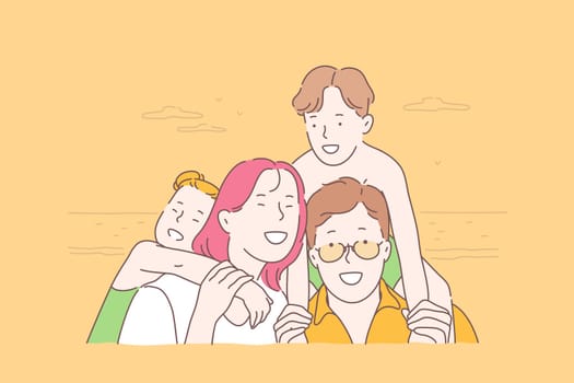 Family, travel, together, childhood concept. Happy, joyful mother, father, daughter, son in arms on vacation make group selfie. Friendly parents and children have fun on the beach. Flat simple vector.