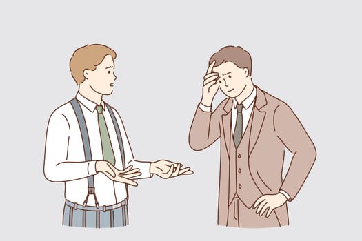 Business analyze and Communication concept. Young businessmen colleagues workers standing and talking discussing things chatting about problems communicating vector illustration