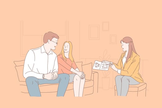 Project, advertising, real estate agency, house buying concept. Young, happy woman, man family choose apartment together. Businesswoman manager holds presentation. successful deal. Flat simple vector.