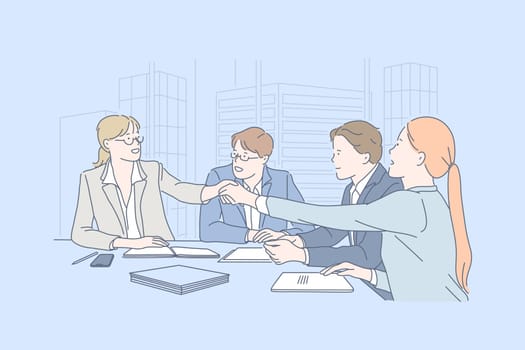 Business, teamwork, negotiation, agreement concept. Young people men, women or businessmen met to make decision together with lawyers and assistants at the office. Congress of detectors. Flat vector.