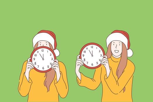New year, Christmas, time, holiday eve concept. Joyful, happy teen girl in Santa hat is holding watch, five minutes to midnight. Young woman, lady in good mood waiting for the fun. Flat simple vector.