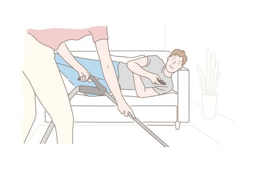 Family, service, domestic, cleanness concept. Young man,husband lying on couch while his wife do housework. Son is resting after school, mother cleans the room. Cohabitation. Flat simple vector.