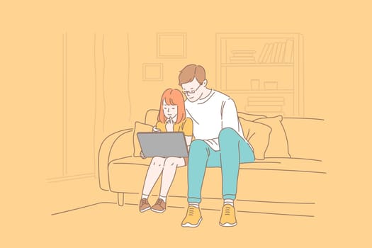 Fathers day, family, fatherhood, care, together learning concept. Happy enthusiastic father and daughter spend leisure time shopping online. Dads love for the child, parental hugs. Flat simple vector.